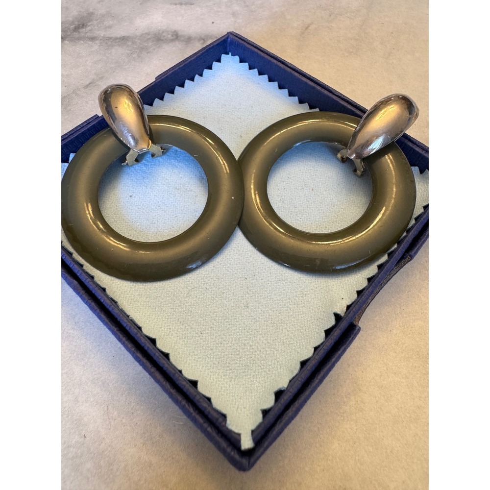 Vintage Olive Green Hoop Door Knocker Earrings Silver Tone Omega Back Statement